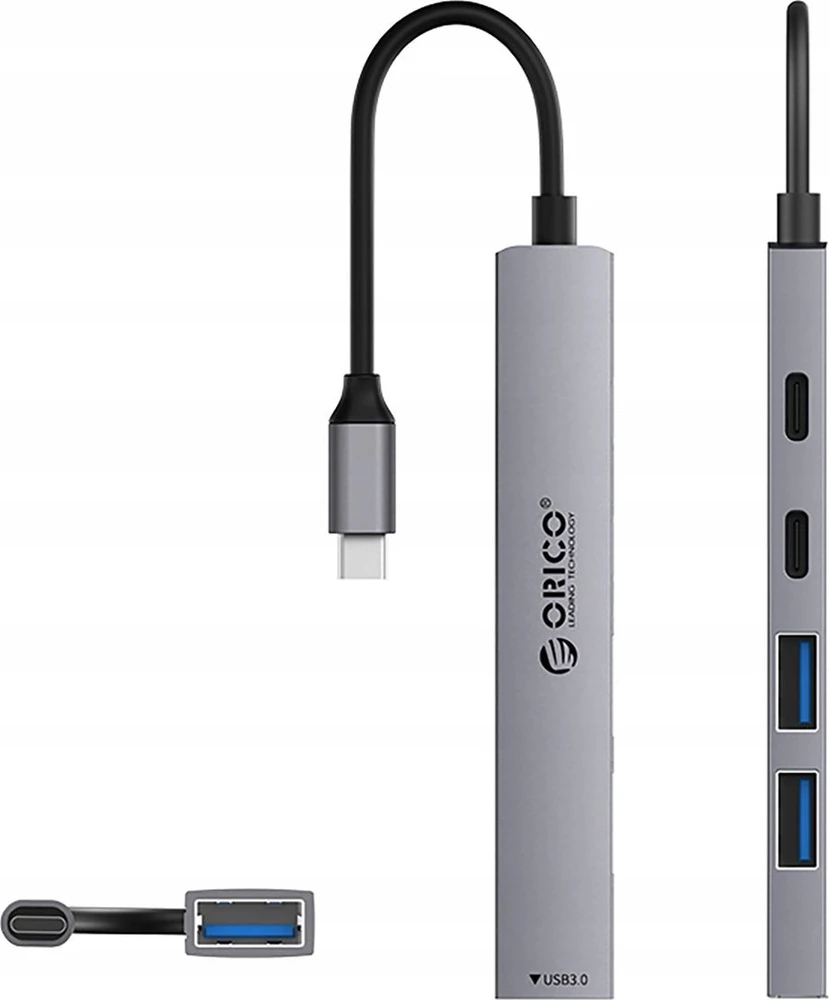 Orico YSB4-U2 USB-A/USB-C šakotuvo prijungimo stotelė 2x USB-A 2.0 + 1x USB-A 3.0 + 1x USB-C 2.0 + 1x USB-C – pilkos spalvos