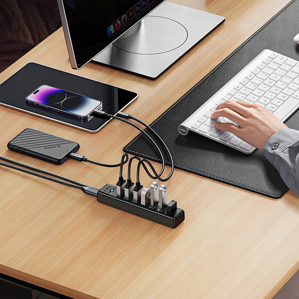 Orico PW7U-U3 hub 7x USB-A 3.0 + USB-C 5V/3A 1m – juodos spalvos