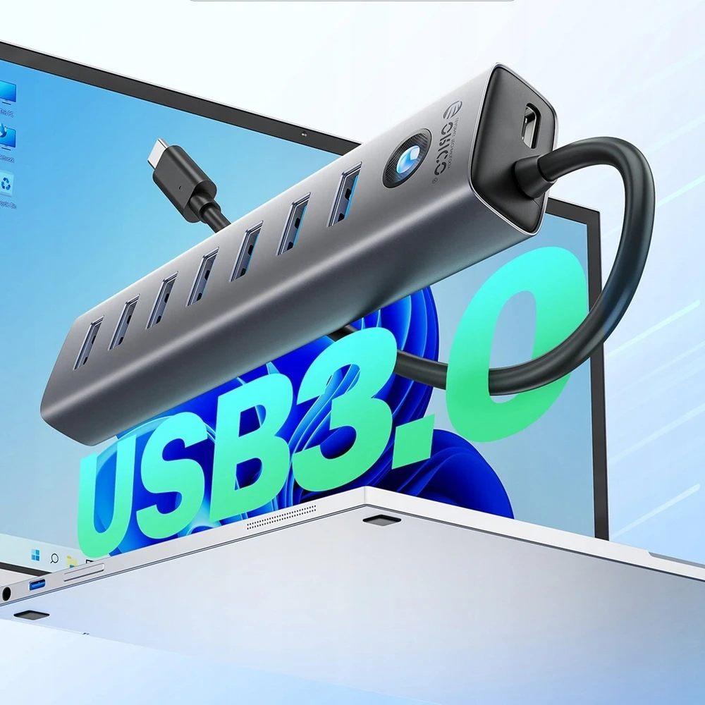 Orico CL7U-U3 hub 7x USB-A 3.0 + USB-C 5V/3A 1m – pilkos spalvos