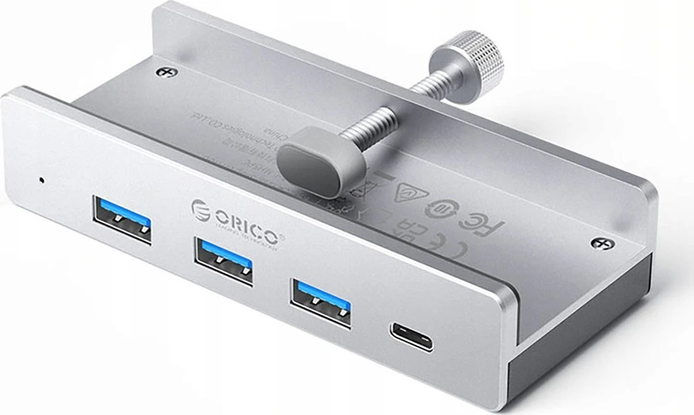 „Orico MH4PC“ šakotuvas, montuojamas ant spaustuko, USB-C / 3x USB-A 3.0 + 1x USB-C 3.0 – dvigubos spalvos