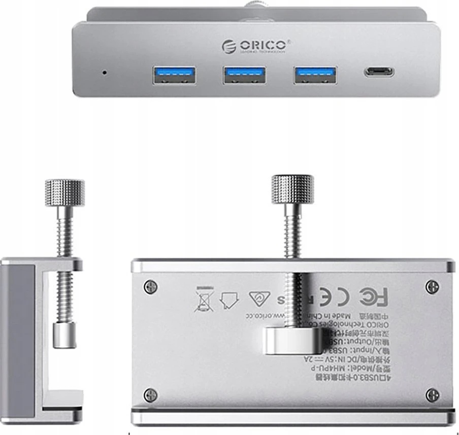 „Orico MH4PC“ šakotuvas, montuojamas ant spaustuko, USB-C / 3x USB-A 3.0 + 1x USB-C 3.0 – dvigubos spalvos