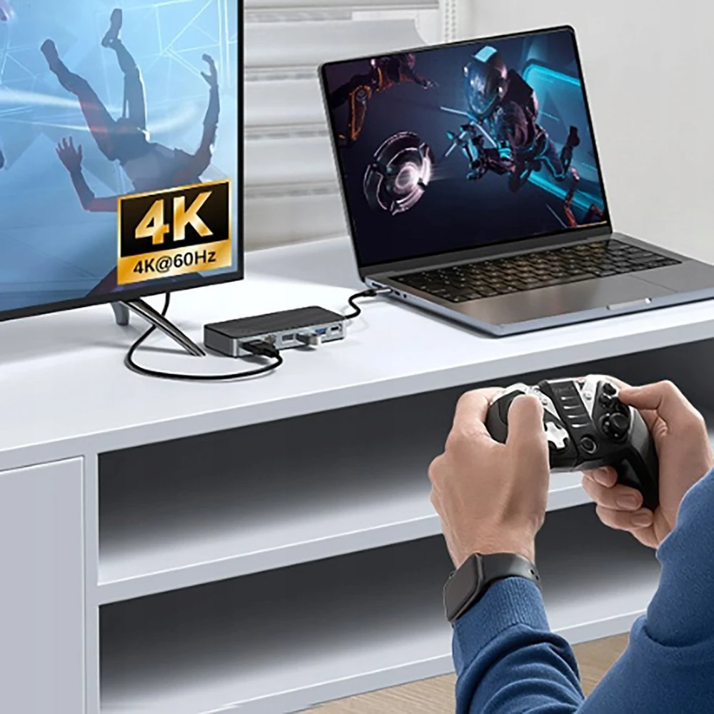„Orico OM28PR-G2“ USB-C prijungimo stotelė su M.2 disko lizdu + 1 x USB-A 3.2 + 1 x USB-C 3.2 + 2 x USB-A 2.0 + 1 x HDMI + 1 x Ethernet – juodos spalvos