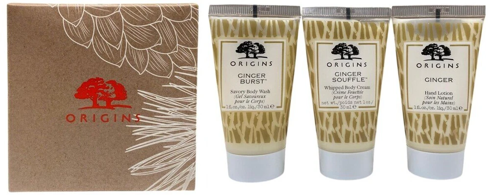 Gift Set Origins: Origins Kūno prausiklis, 30 ml + Ginger maitininantis Hand Lotion, 30 ml + Ginger Souffle maitininantis Body Kreminis, 30 ml