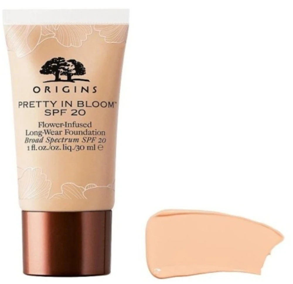„Origins Pretty In Bloom“ ilgai išliekantis makiažo pagrindas „Kreminis“ 540 Medium Deep Golden Warm SPF 20, 30 ml