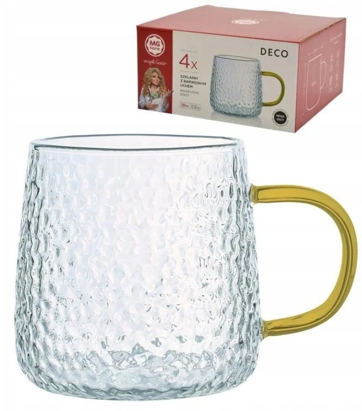 Orion stiklinės 4 x 350 ml su grioveliais ir rankena, garstyčių skonio