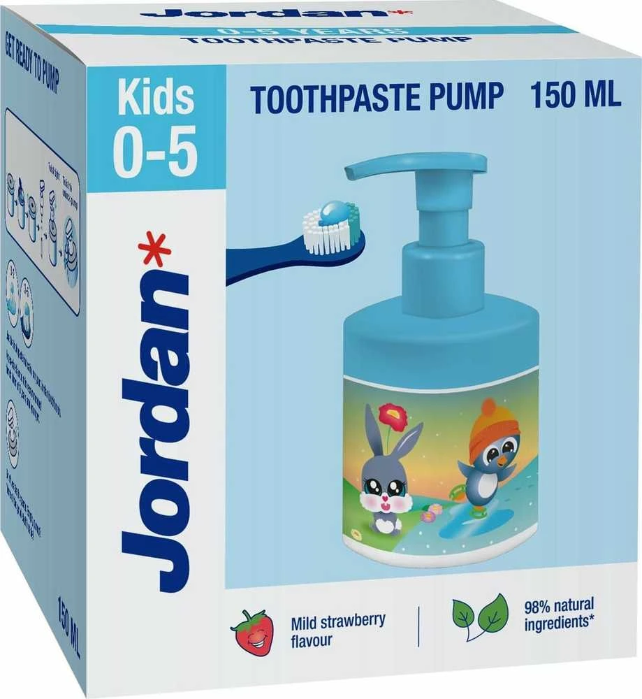Jordan Vaikiška dantų pasta vaikams su pompa, 0-5 metų amžiaus, 150 ml