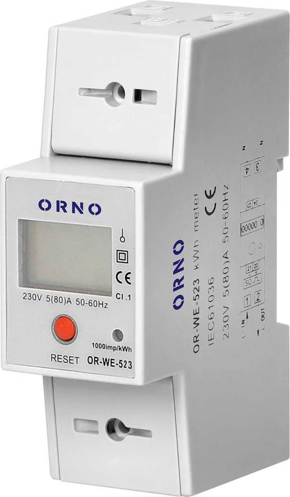 Orno 1 Fazowy Vienfazis elektros energijos skaitiklis, 80A, MID, RS485, papildomas indikatorius, impulsų išėjimas, RESET mygtukas, 2 moduliai, DIN TH-35mm