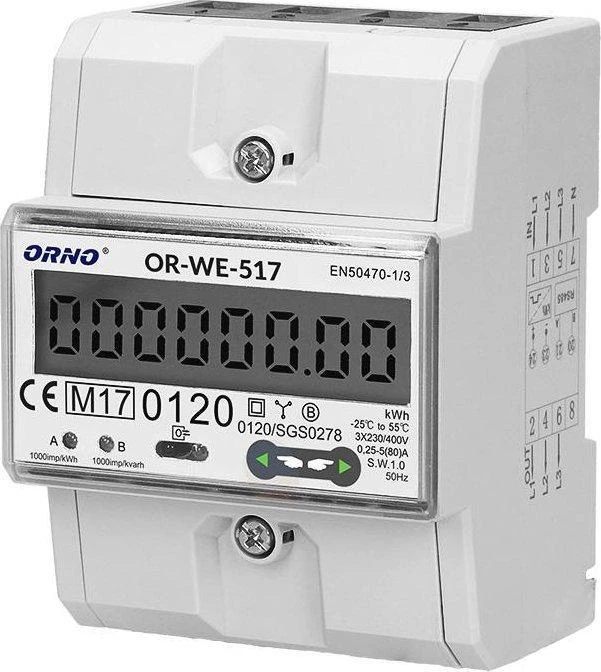 Orno 3 Fazowy Trifazis elektros skaitiklis, 80A, RS-485 prievadas, daugiatarifis, 3 moduliai, DIN TH-35mm