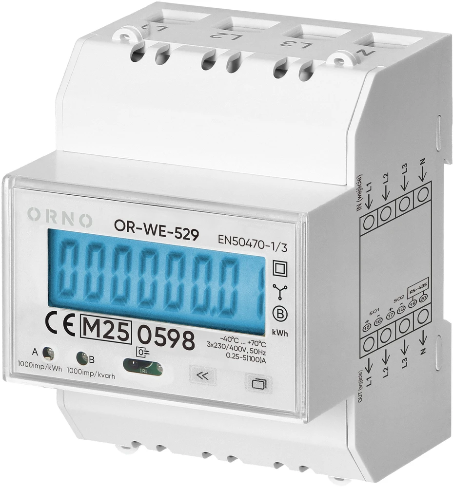Orno 3 Fazowy Trifazis elektros skaitiklis, 100 A, RS-485 prievadas, MID, 4 moduliai, DIN TH-35 mm, paruoštas PV sistemoms