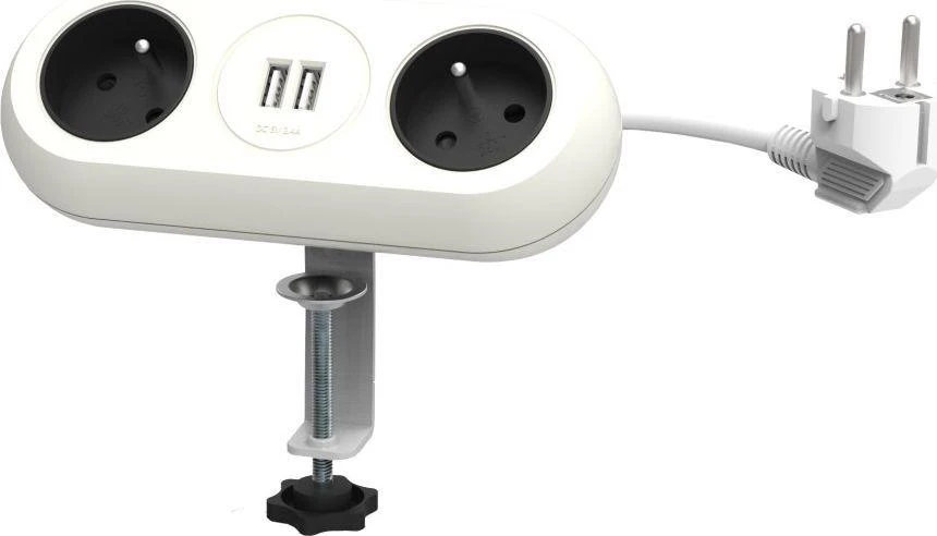 Orno Lizdas Baldinis lizdas su tvirtinimo laikikliu, USB įkroviklis, 2 lizdai 2P+Z, 2xUSB, laidas 3x1.0mm² - 1.5m, baltas