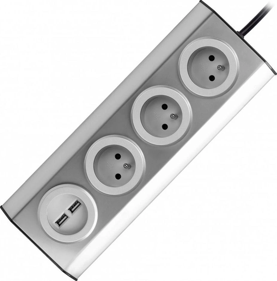 Orno Lizdas Baldai, virtuvės lizdas su USB įkrovikliu, tvirtinamas „Velcro“ juosta su 1,5 m laidu - 3x2P+Z, 2xUSB, INOX su 1,5 m laidu.