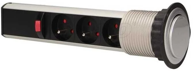 Orno Lizdas Baldų lizdas Ø6cm, ištraukiamas iš stalviršio, su spyna ir 1,8m laidu, 3x2P+Z, INOX