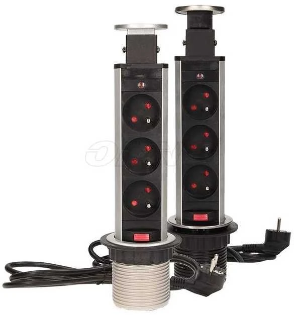 Orno Lizdas Baldų lizdas Ø6cm, ištraukiamas iš stalviršio, su spyna ir 1,8m laidu, 3x2P+Z, INOX
