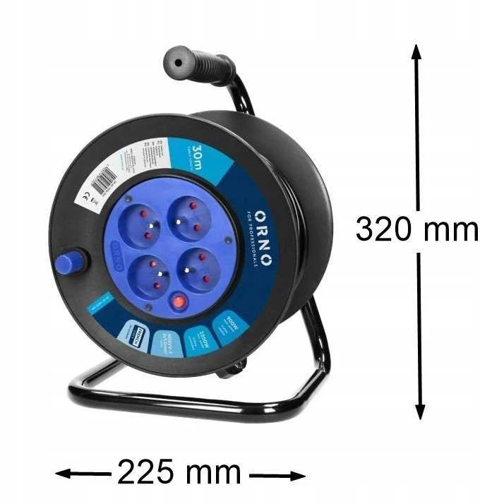 Orno Przedłużacz Ilgintuvo ritė, 4 lizdai 2P+Z, PVC kabelis H05VV-F 3x1.0mm-, ilgis 30m, šiluminė apsauga, srovės nukreipimo sklendės.