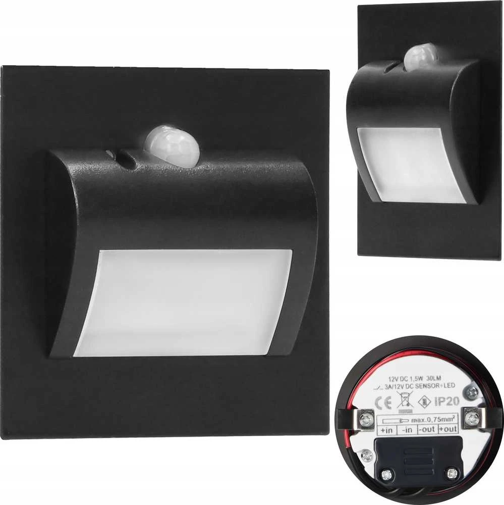 Orno DRACO LED NEW 1.5W, įleidžiamas laiptų šviestuvas, 12VDC, 30lm, 4000K, juodas, su judesio ir prieblandos jutikliu