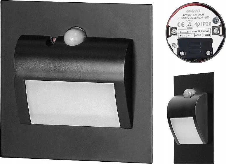 Orno DRACO LED NEW 1.5W, įleidžiamas laiptų šviestuvas, 12VDC, 30lm, 4000K, juodas, su judesio ir prieblandos jutikliu