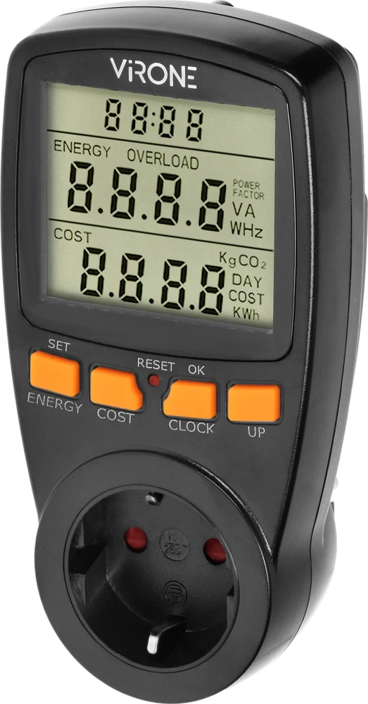 Orno Dwutaryfowy Dviejų tarifų vatmetras, energijos skaičiuoklė su LCD ekranu, 2 atskiri tarifai, vidinė baterija, „Schuko“ versija, juodas