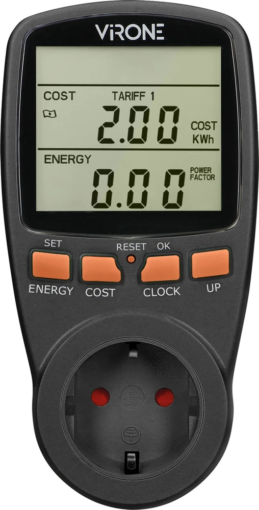 Orno Dwutaryfowy Dviejų tarifų vatmetras, energijos skaičiuoklė su LCD ekranu, 2 atskiri tarifai, vidinė baterija, „Schuko“ versija, juodas