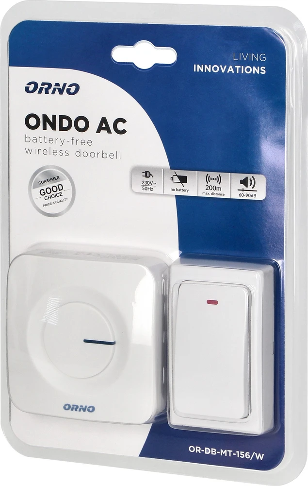 Orno ONDO AC belaidis durų skambutis be baterijų, baltas