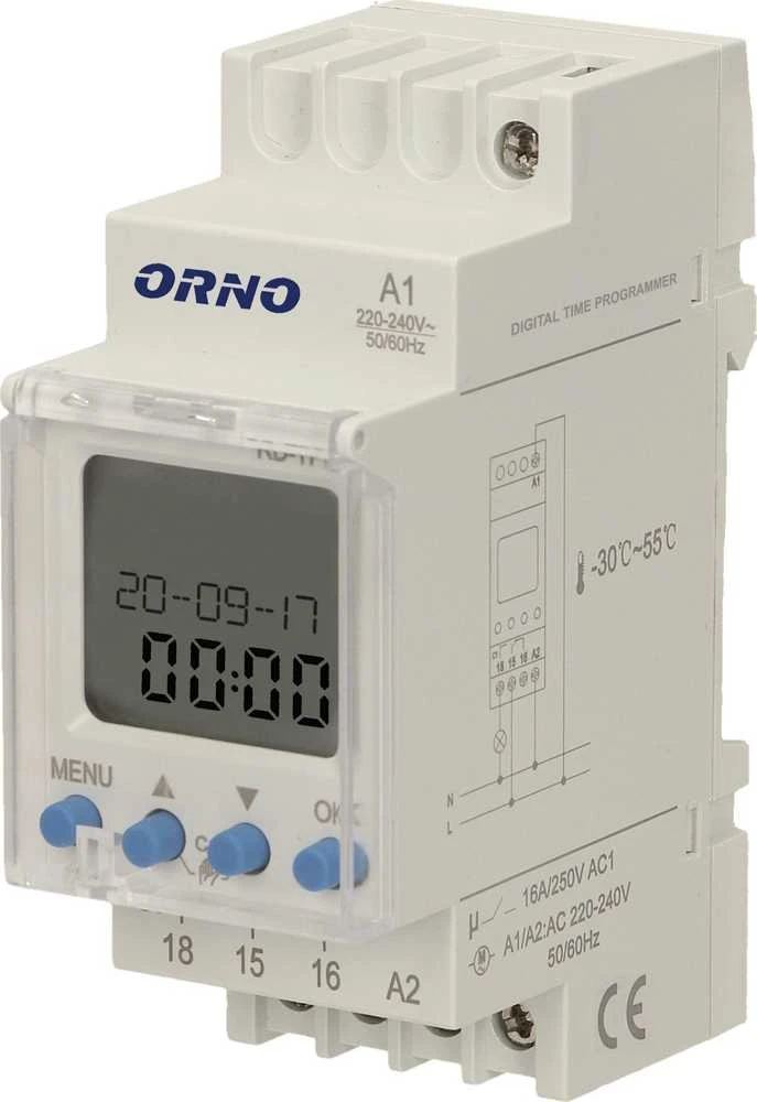 Orno Elektroninis Elektroninis astronomijos ir laiko programuotojas, 52 programos, 3 meniu kalbos, 1 relinis išėjimas, maks. 16A/230V, 2 modulių pločio, DIN TH-35mm