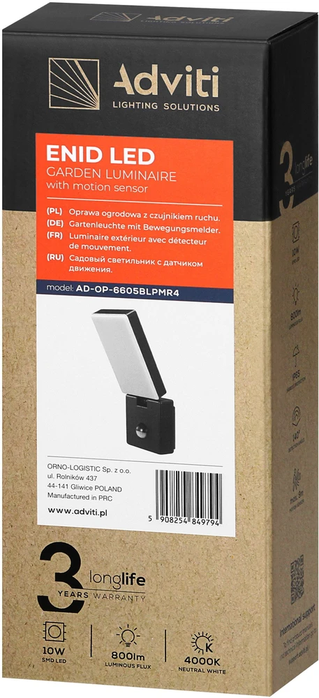 Orno ENID LED 10W, sodo šviestuvas su PIR judesio jutikliu, 800lm, IP65, 4000K, juodas