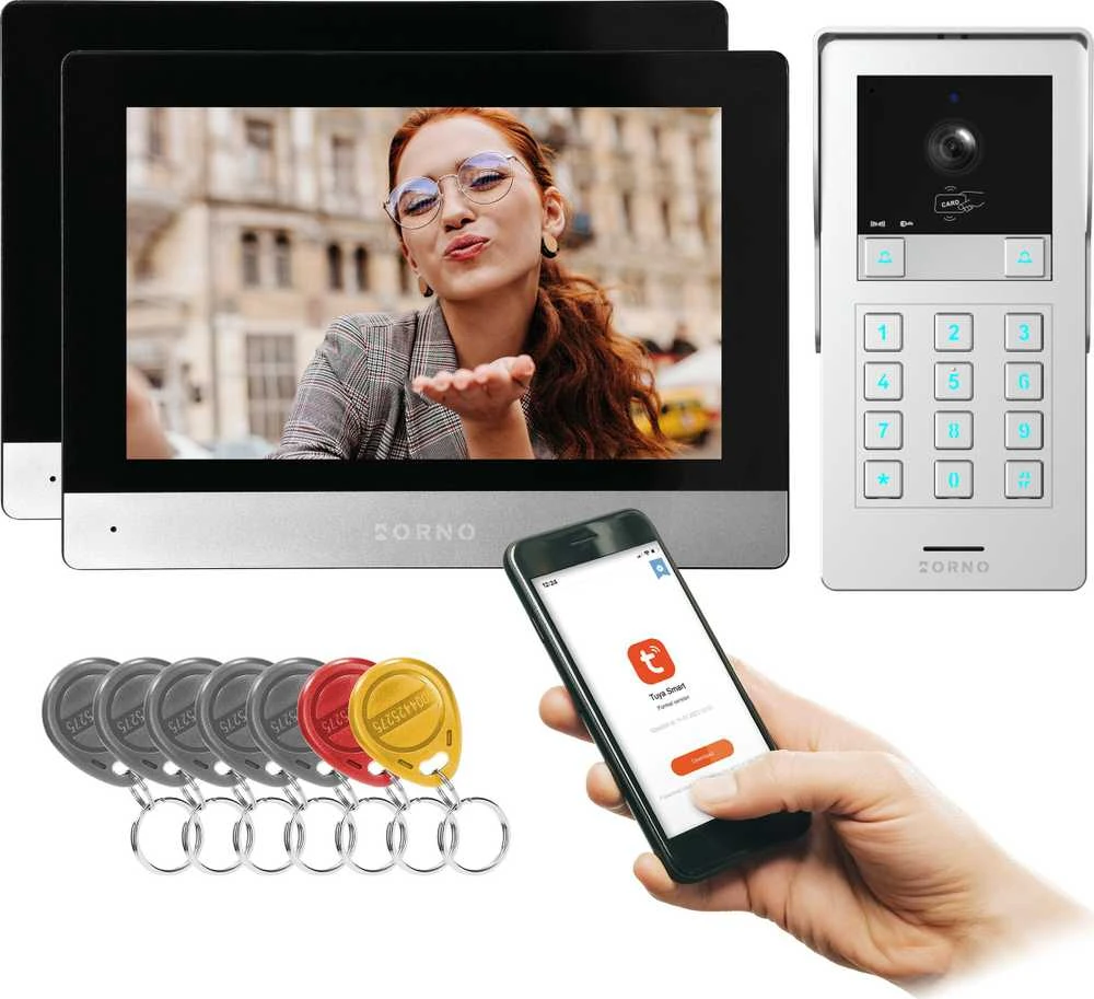 Orno GAYD MULTI2, dviejų šeimų vaizdo domofono rinkinys, 2 laidų, 8 colių „Wi-Fi“, lietimui jautrus ekranas, 2 MP „Full HD“, RFID, šifravimo funkcija