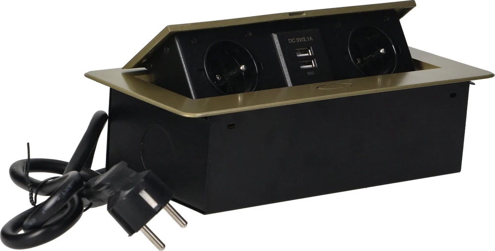 Orno Gniazda Baldų lizdai, įleidžiami į stalviršį, su plokščiu frezuotu kraštu, USB įkrovikliu ir 1,5 m laidu, 2x2P+Z, 2xUSB, žalvario spalvos