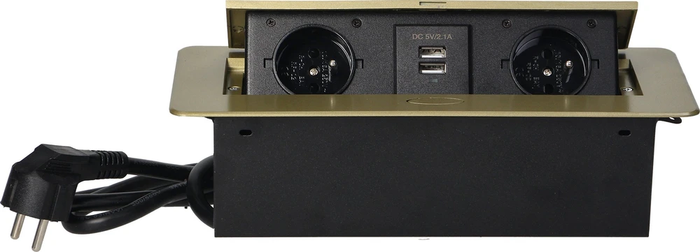 Orno Gniazda Baldų lizdai, įleidžiami į stalviršį, su plokščiu frezuotu kraštu, USB įkrovikliu ir 1,5 m laidu, 2x2P+Z, 2xUSB, žalvario spalvos