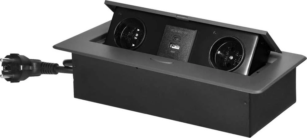 Orno Gniazda Baldų lizdai, įleidžiami į stalviršį, su plokščiu frezuotu kraštu, USB įkrovikliu ir 1,5 m laidu, 2x2P+Z, 2xUSB (A+C tipo; 3,6A), grafito spalvos