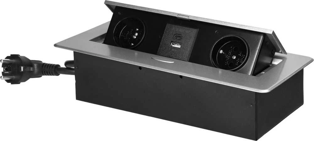 Orno Gniazda Į stalviršį įleidžiami baldų lizdai su plokščiu frezuotu kraštu, USB įkrovikliu ir 1,5 m laidu, 2x2P+Z, 2xUSB (A+C tipo; 3,6A), sidabrinės spalvos