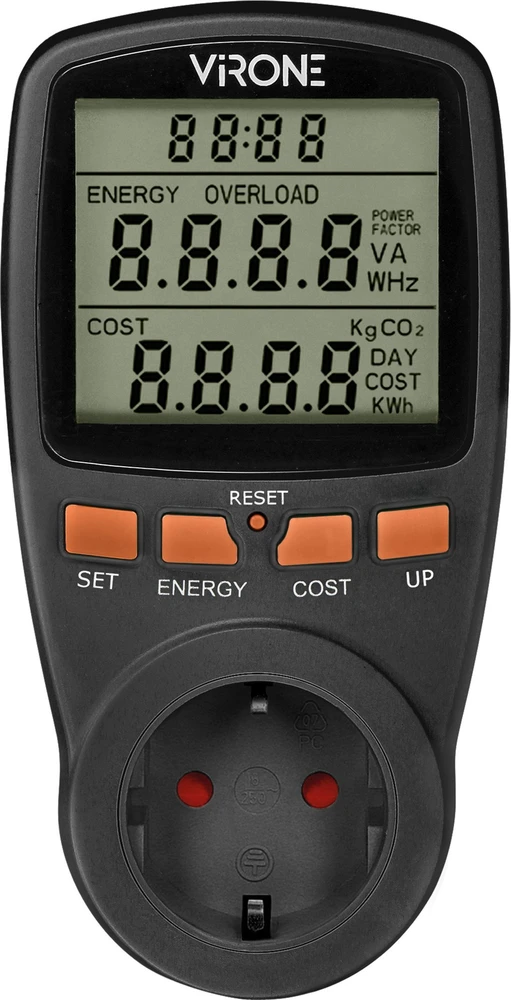 Orno Jednotaryfowy Vieno tarifo vatmetras, energijos skaičiuoklė su LCD ekranu, vieno tarifo, įmontuota baterija, „Schuko“ versija, juodas