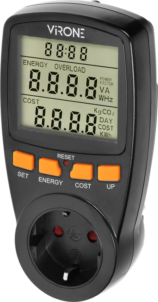 Orno Jednotaryfowy Vieno tarifo vatmetras, energijos skaičiuoklė su LCD ekranu, vieno tarifo, įmontuota baterija, „Schuko“ versija, juodas