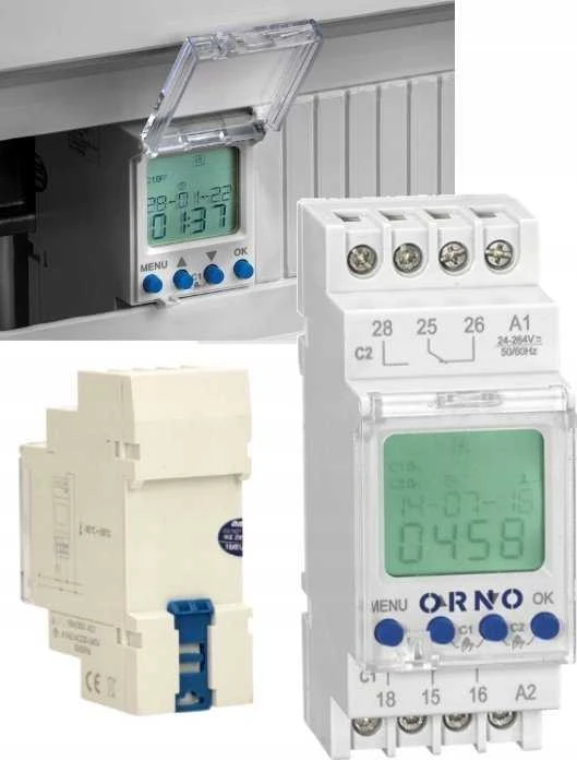 Orno Elektroninis Elektroninis astronomijos ir laiko programuotojas, 100 programų, 3 meniu kalbos, 2 reliniai išėjimai, maks. 16A/230V, 2 modulių pločio, DIN TH-35mm