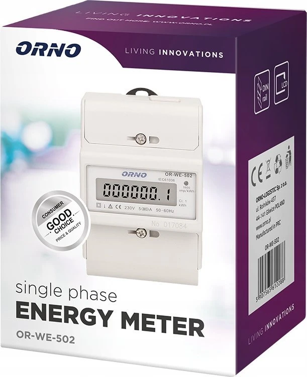 Orno 1 Fazowy 1 fazės elektros energijos suvartojimo indikatorius, 80A, 3 moduliai, DIN TH-35mm