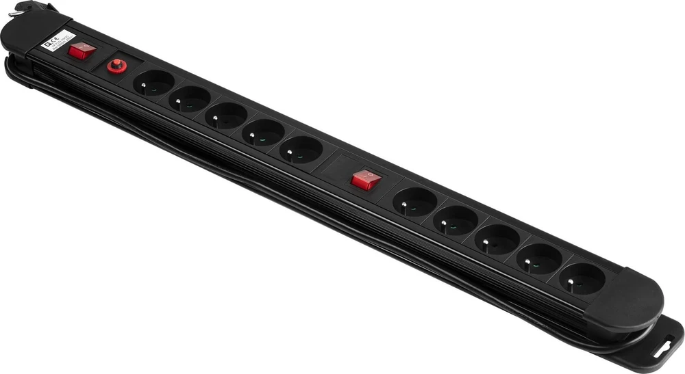 Orno Listwa Ilgintuvas, 10 lizdų 2P+Z, laidas 3x1,5mm2, ilgis 1,5m, 2x apšviečiami dvipoliai jungikliai, šiluminė apsauga. 16A/230 VAC, juodas