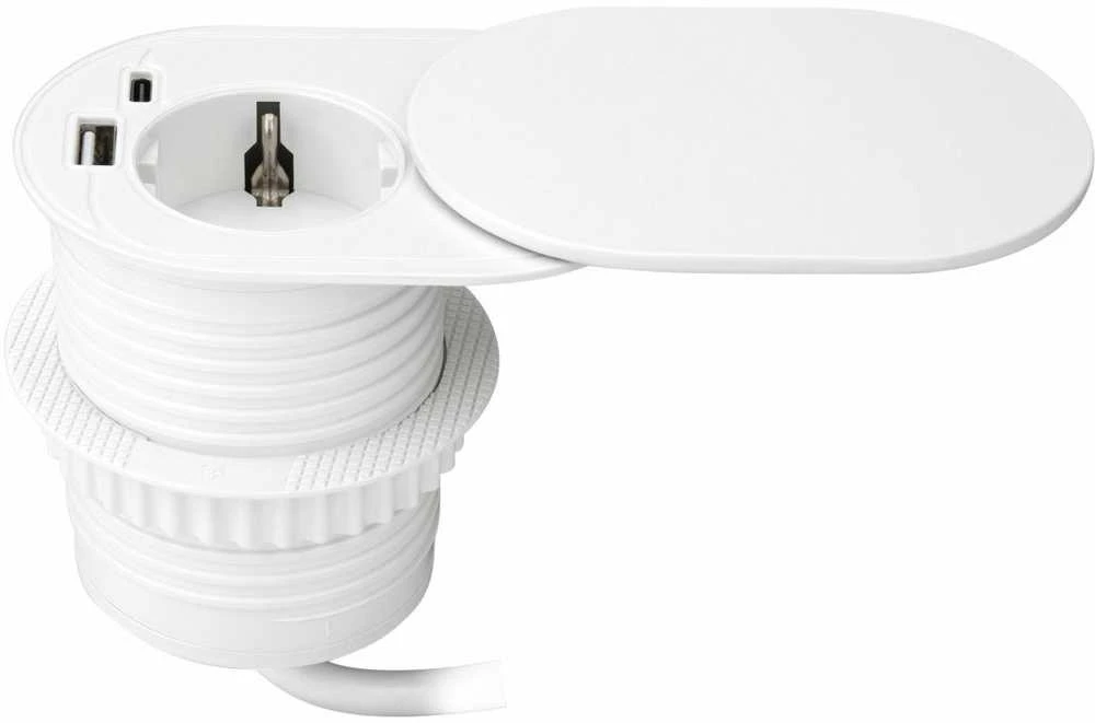 Orno Lizdas Baldinis lizdas Ø6cm, įleidžiamas į stalviršį su stumdomu dangteliu, USB įkrovikliu ir 1,9m laidu, 1x2P+Z (Schuko), 2xUSB (A+C tipo; PD20W), baltas