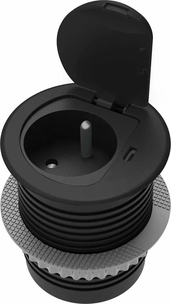 Orno Lizdas Baldinis lizdas Ø6cm, įleidžiamas į stalviršį, su dangteliu, USB įkrovikliu ir 1,9m laidu, 1x2P+Z (prancūziškas), 1xUSB (C tipo; 20W), juodas