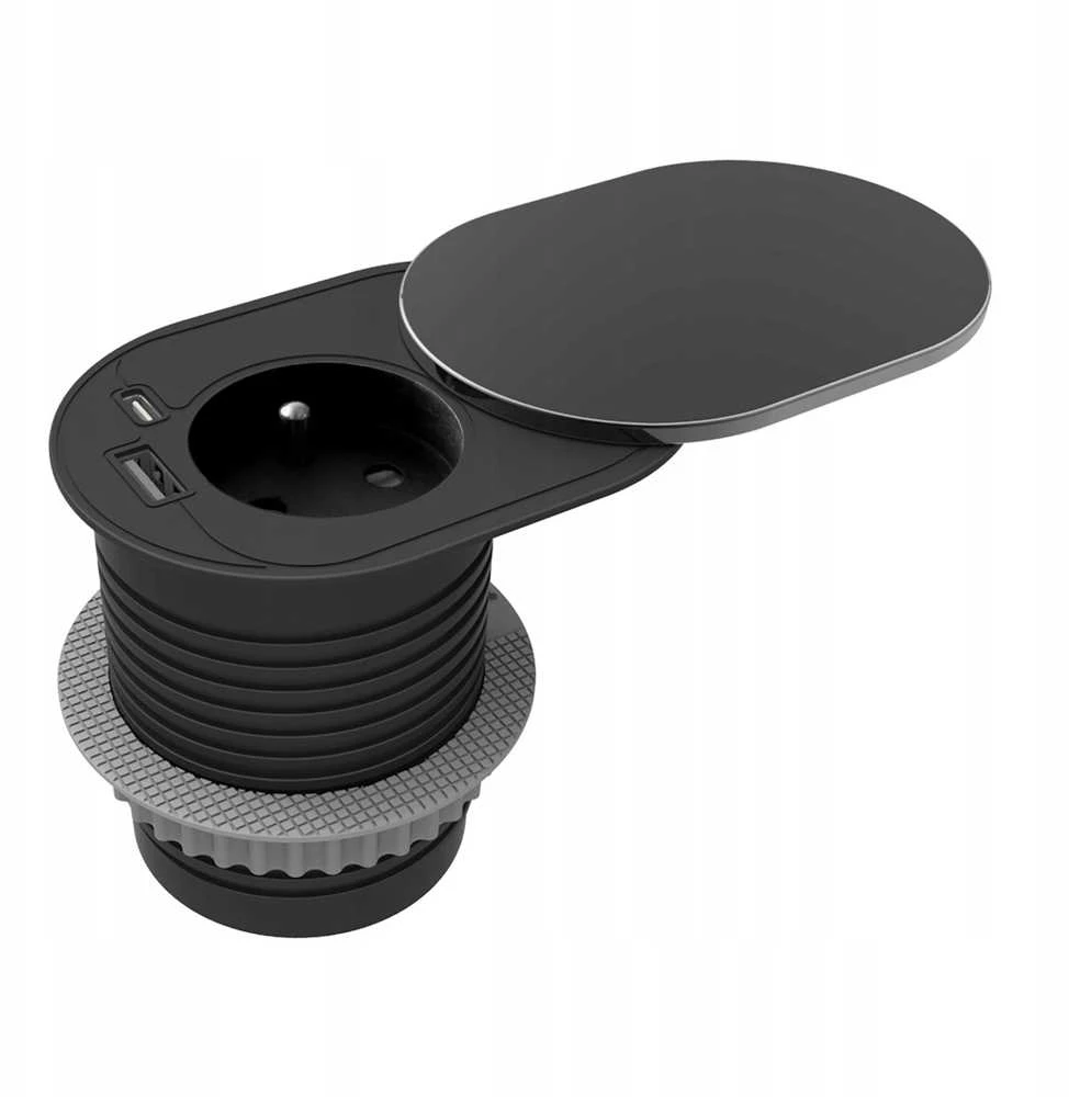 Orno Lizdas Baldų lizdas - 6 cm, įleidžiamas į stalviršį su stumdomu dangteliu, USB įkrovikliu ir 1,9 m laidu, 1x2P+Z (prancūziškas), 2xUSB (A+C tipo; PD20W), juodas