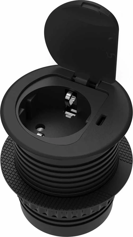 Orno Lizdas Baldinis lizdas Ø6cm, įleidžiamas į stalviršį, su dangteliu, USB įkrovikliu ir 1,9m laidu, 1x2P+Z (Schuko), 1xUSB (C tipo; 20W), juodas