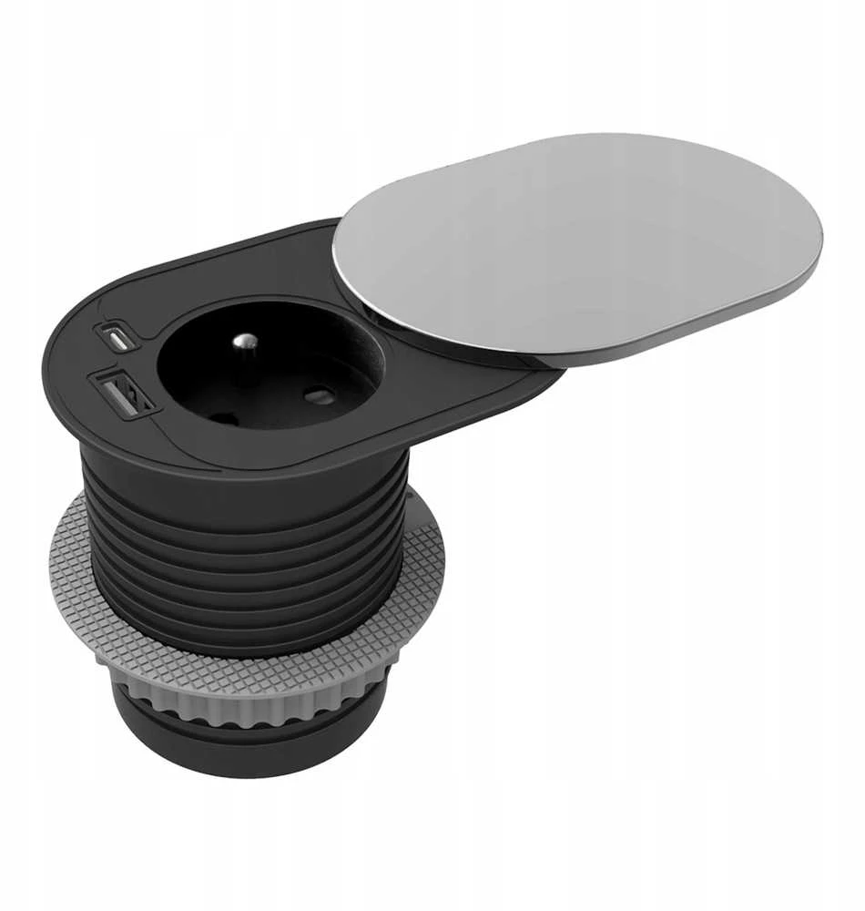 Orno Lizdas Baldinis lizdas Ø6cm, įleidžiamas į stalviršį su stumdomu dangteliu, USB įkrovikliu ir 1,9m laidu, 1x2P+Z (prancūziškas), 2xUSB (A+C tipo; PD20W), sidabrinis
