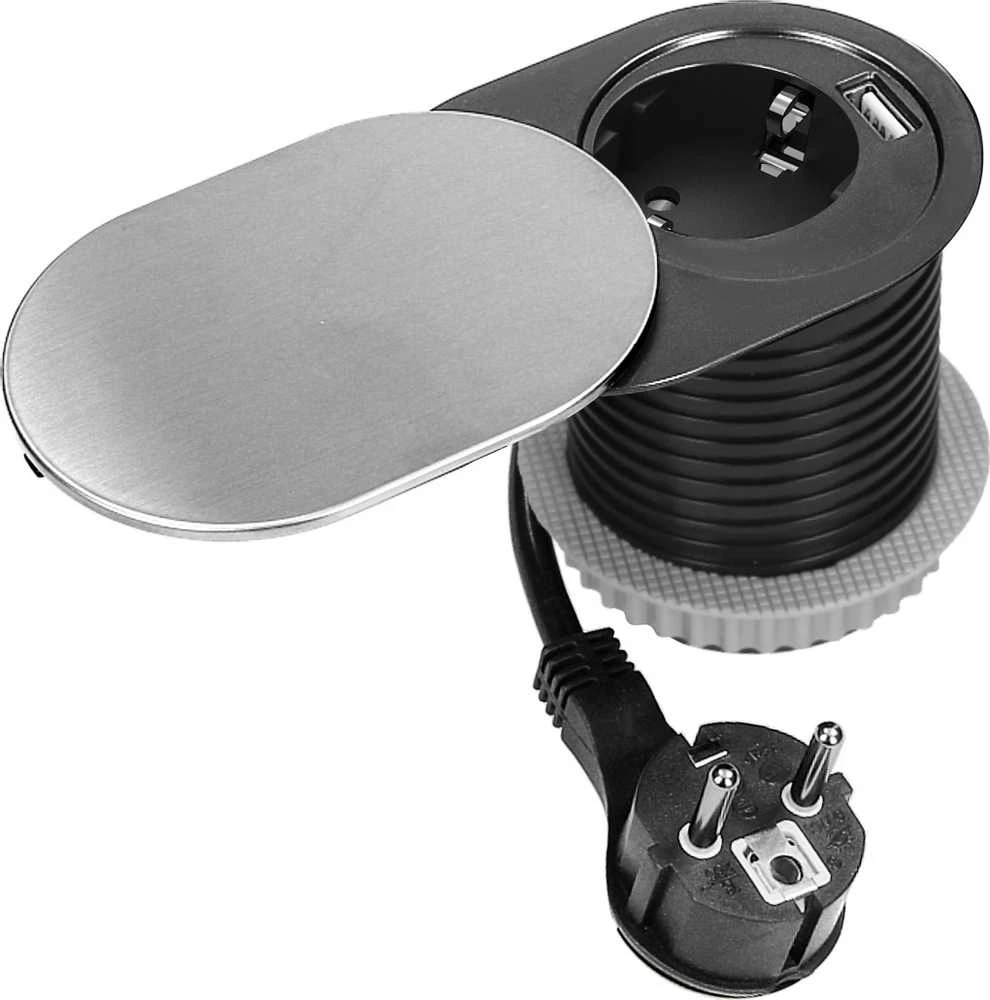 Orno Lizdas Baldinis lizdas Ø6cm, įleidžiamas į stalviršį su stumdomu dangteliu, USB įkrovikliu ir 1,9m laidu, 1x2P+Z (Schuko), 2xUSB (A+C tipo; PD20W), sidabrinis