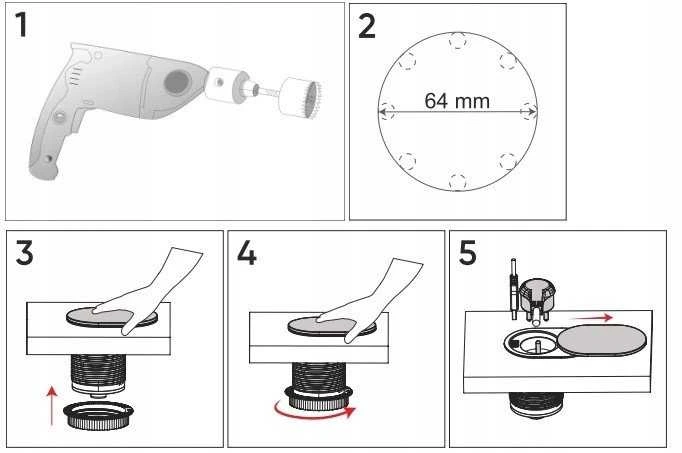 Orno Lizdas Baldų lizdas - 6 cm, įleidžiamas į stalviršį su stumdomu dangteliu, USB įkrovikliu ir 1,9 m laidu, 1x2P+Z (prancūziškas), 2xUSB (A+C tipo; PD20W), juodas