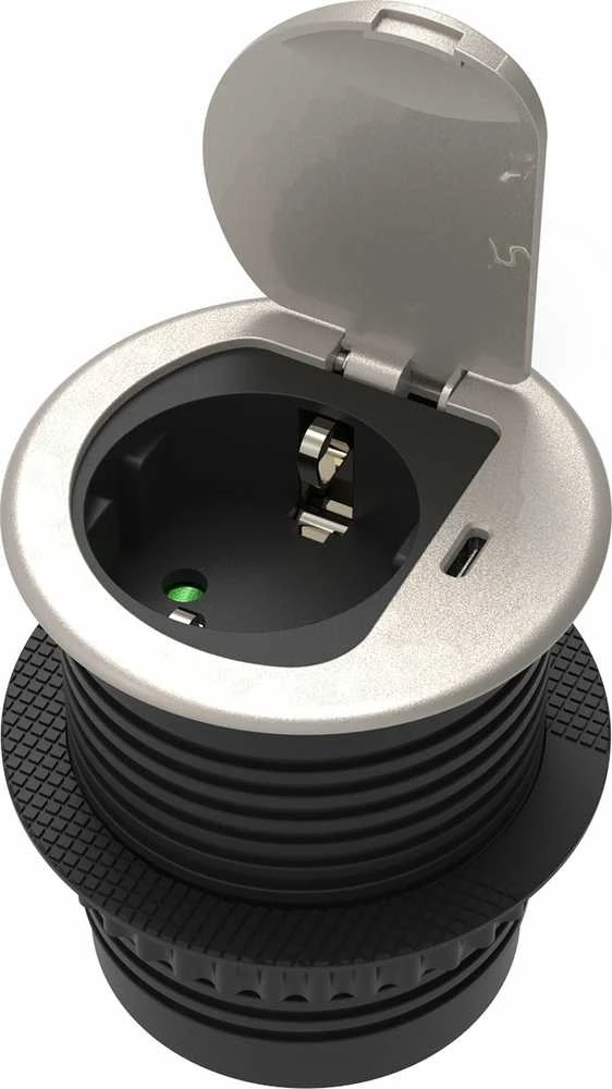 Orno Lizdas Baldinis lizdas Ø6cm, įleidžiamas į stalviršį, su dangteliu, USB įkrovikliu ir 1,9m laidu, 1x2P+Z (Schuko), 1xUSB (C tipo; 20W), sidabrinis