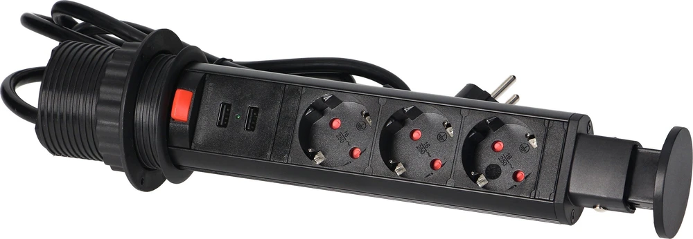 Orno Lizdas Baldinis lizdas Ø6cm, ištraukiamas iš stalviršio, su USB įkrovikliu, spyna ir 1,8m laidu, 3x2P+Z (Schuko), juodas