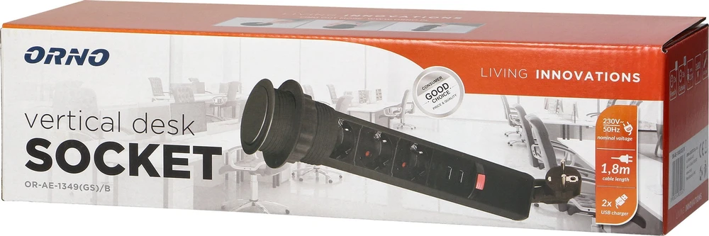 Orno Lizdas Baldinis lizdas Ø6cm, ištraukiamas iš stalviršio, su USB įkrovikliu, spyna ir 1,8m laidu, 3x2P+Z (Schuko), juodas