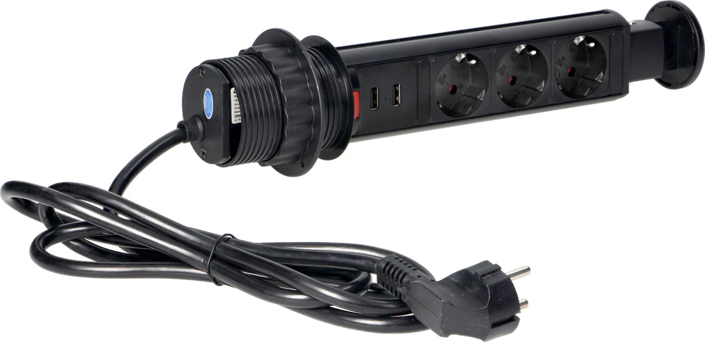 Orno Lizdas Baldinis lizdas Ø6cm, ištraukiamas iš stalviršio, su USB įkrovikliu, spyna ir 1,8m laidu, 3x2P+Z (Schuko), juodas