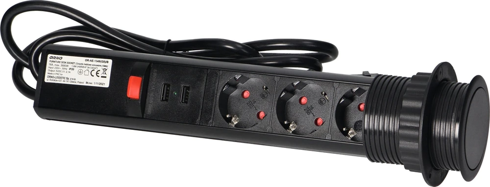 Orno Lizdas Baldinis lizdas Ø6cm, ištraukiamas iš stalviršio, su USB įkrovikliu, spyna ir 1,8m laidu, 3x2P+Z (Schuko), juodas