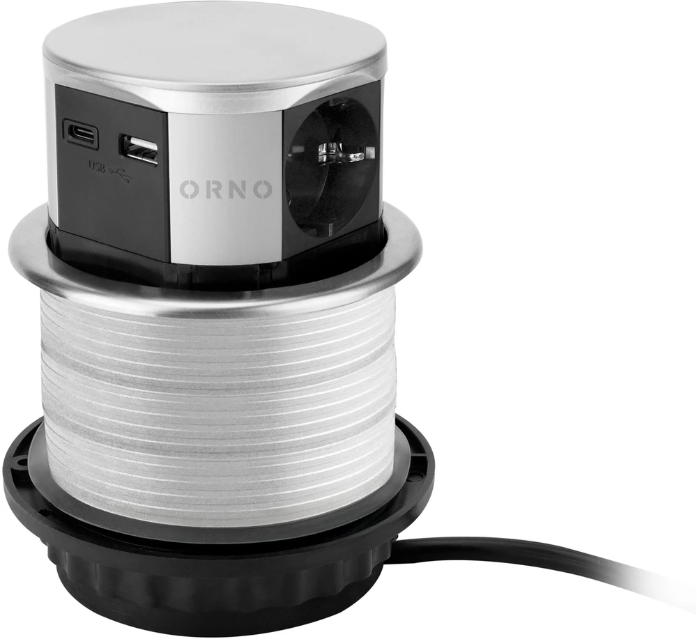 Orno Lizdas Baldinis lizdas Ø10cm, ištraukiamas iš stalviršio, su USB įkrovikliu ir 1,5m laidu, 3x2P+Z (Schuko), 2xUSB (A+C tipo; maks. 3A), sidabrinis
