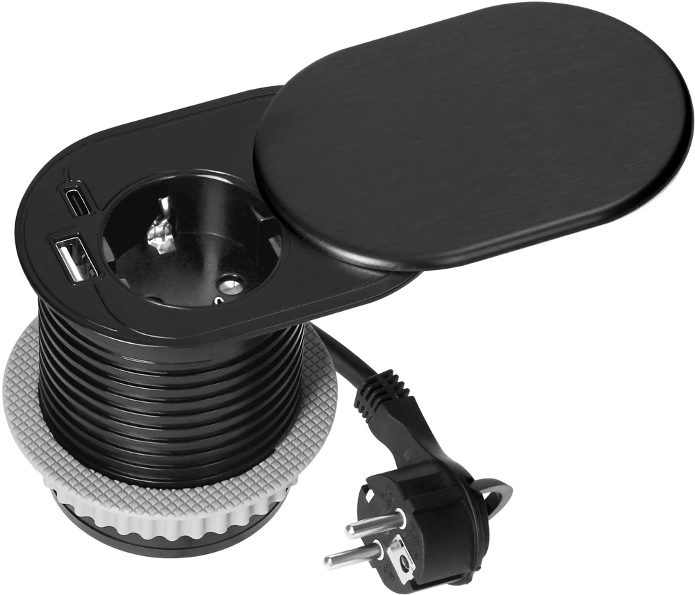 Orno Lizdas Baldinis lizdas Ø6cm, įleidžiamas į stalviršį su stumdomu dangteliu, USB įkrovikliu ir 1,9m laidu, 1x2P+Z (prancūziškas), 2xUSB (A+C tipo; PD20W), juodas