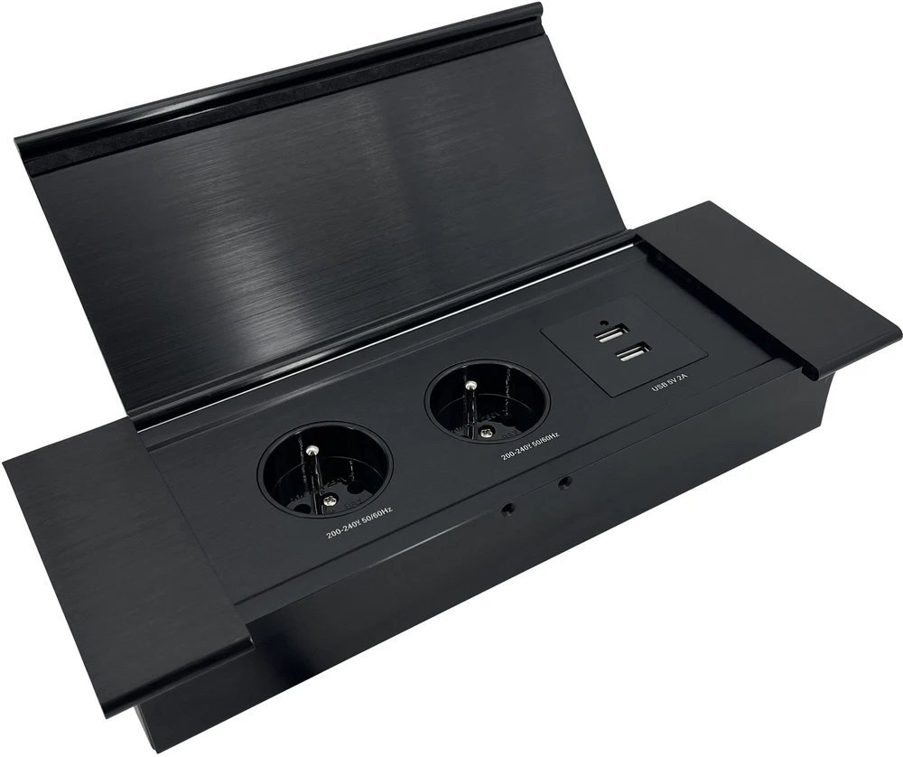 Orno Lizdas Į stalviršį įleidžiamas baldų lizdas su plokščiu frezuotu kraštu, atlenkiamu dangteliu, USB įkrovikliu ir 1,5 m laidu, 2x2P+Z (prancūziškas), 2xUSB (A+C tipo; 3,6A), juodas